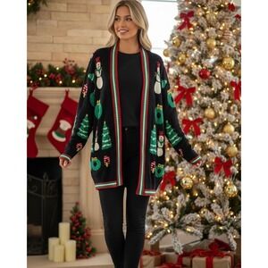NEW Black‎ Medium Christmas Cardigan Sweater Snowman Tree Candy Cane